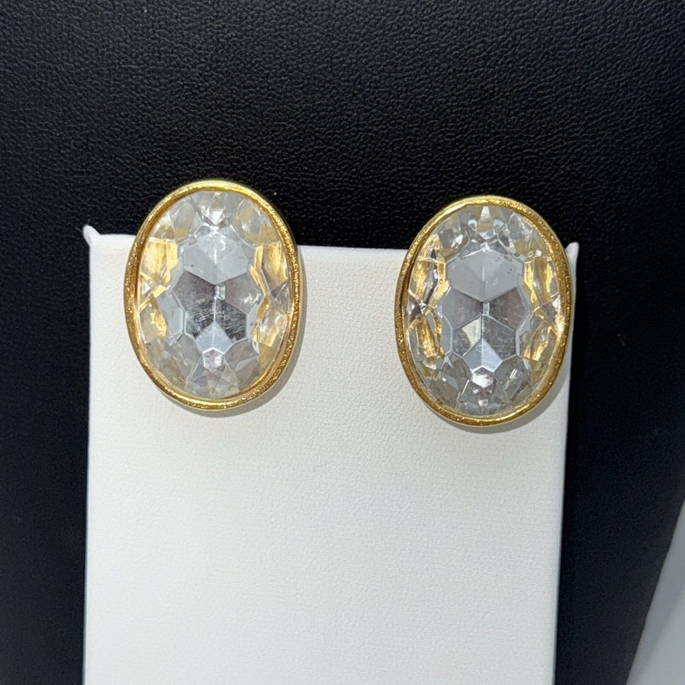 Vintage Ellen Deisgn clear faceted headlight 80s oval statement clip earrings - Picture 2 of 11